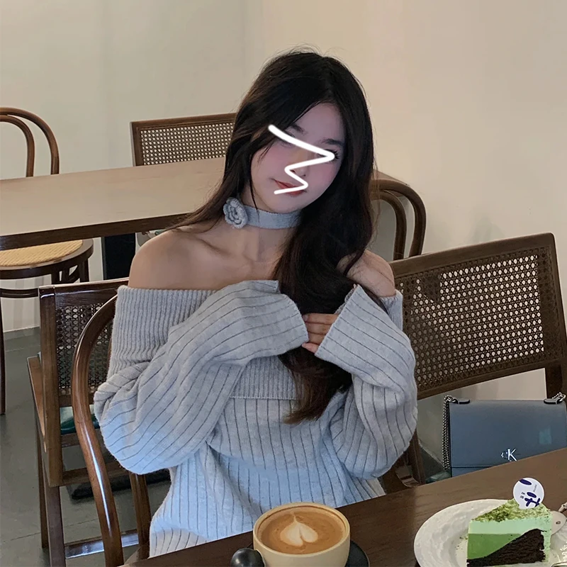 高级感超好看一字肩毛衣女秋冬季2025新款小个子慵懒风内搭针织衫