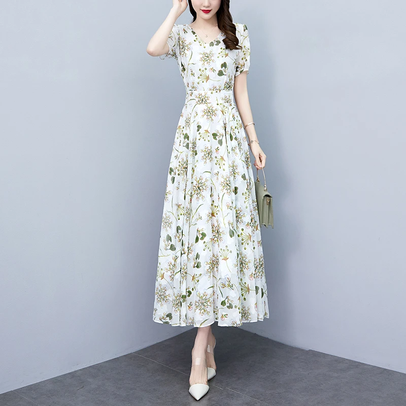 夏季新款雪纺碎花连衣裙大码胖收腰显瘦遮肚长裙