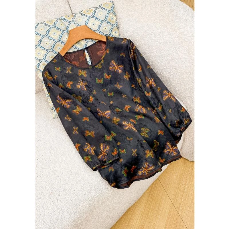 082新中式蝴蝶刻花暗纹提花长袖套头复古宽松上衣