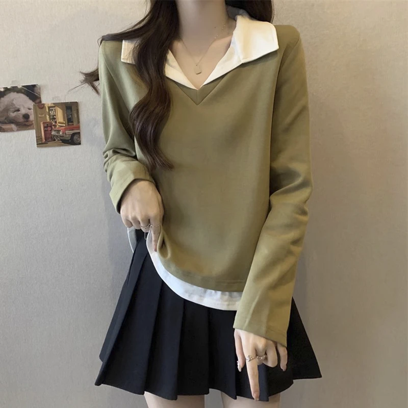 假两件polo领长袖t恤女春秋新款大码胖mm遮肚子显瘦洋气正肩上衣