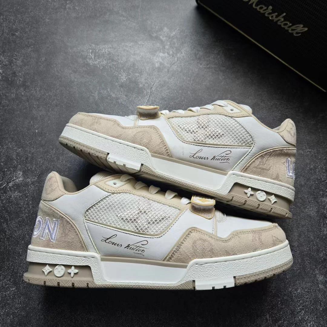 95新 LouisVuitton/路易威登 40码 TRAINER 卡其牛仔魔术贴 鞋