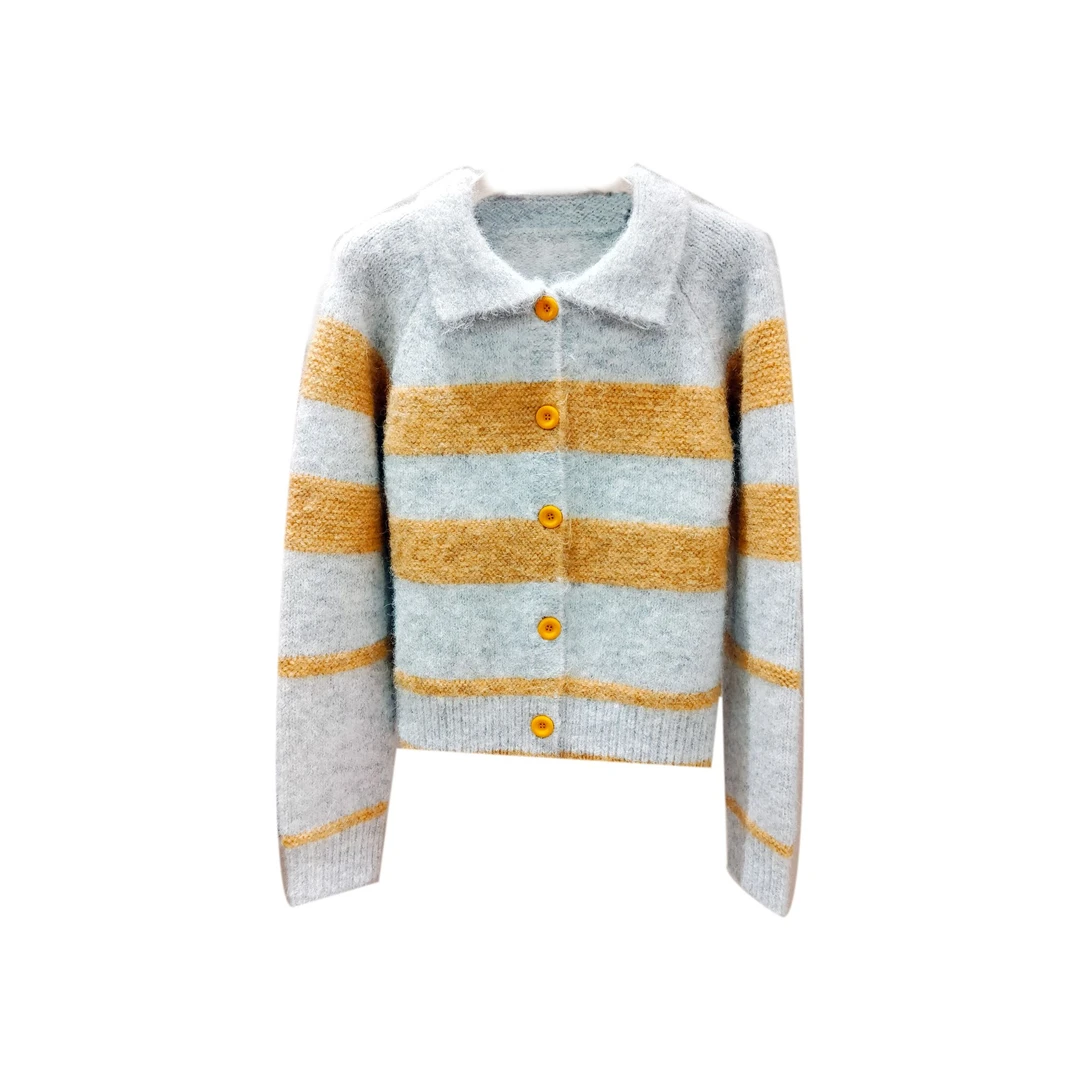 HEYU 条纹毛衫女上衣拼色毛针织衫宽松V领针织开衫-2627