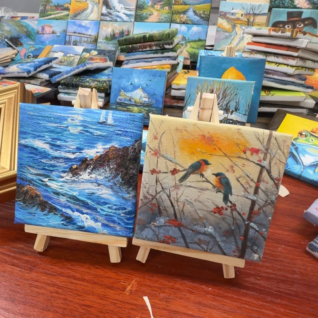 油画10*10迷你小油画带木色外框简约两幅