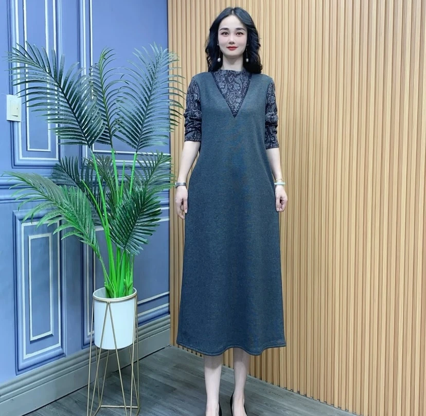 2025新款秋冬显瘦遮肉洋气百搭小香风长款假两件连衣裙670
