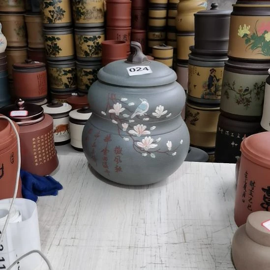 紫砂茶叶罐大葫芦本山绿花鸟款024