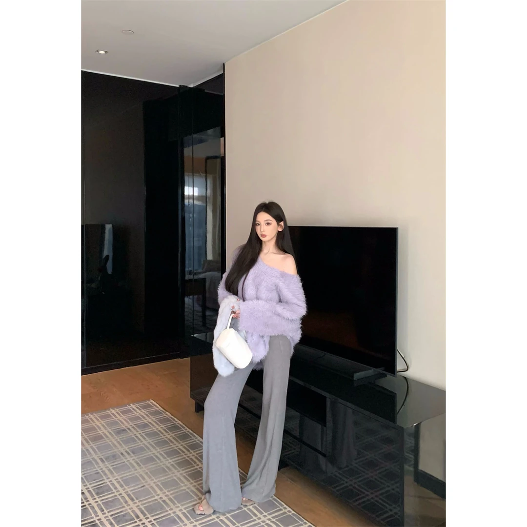 氛围感露肩长袖套头毛衣保暖宽松慵懒针织毛衣上衣22780#