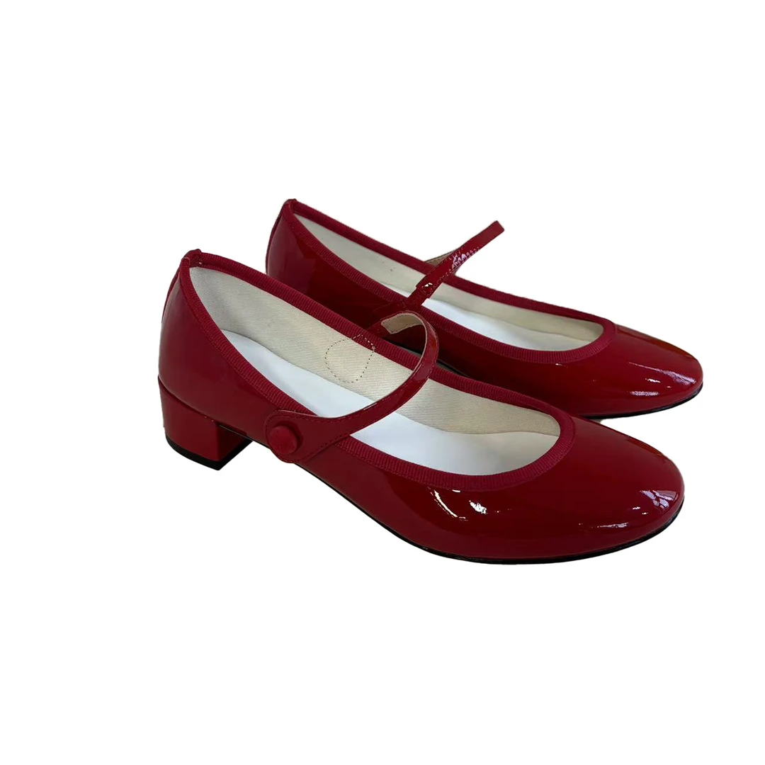 宽脚玛丽珍漆皮粘胶鞋粗跟皮鞋舞蹈鞋方头红色平跟软底单鞋