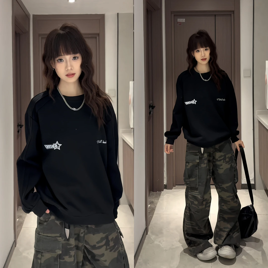 圆领卫衣男秋冬美式高街设计感拼接解构打底衫青少年潮牌宽松外套