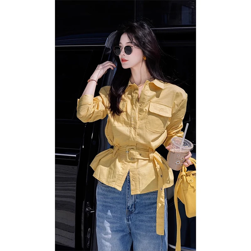【现货】2025超火秋装独特超好看绝美上衣韩系休闲宽松百搭黄色衬衫