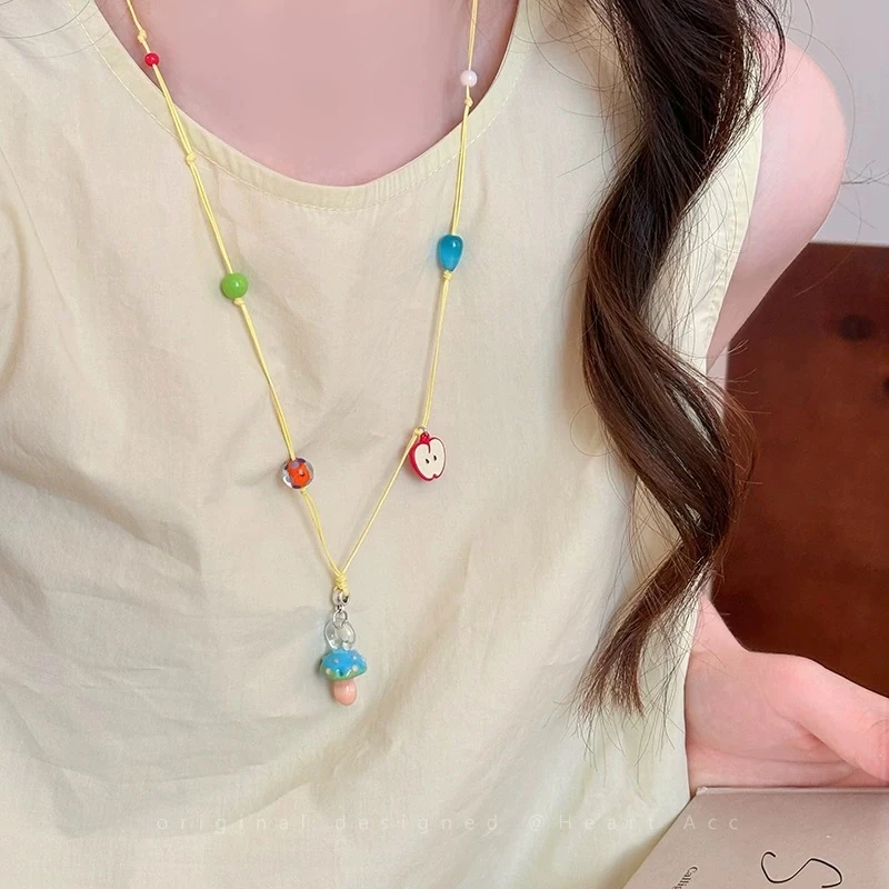 合金合成锆石项链 DS新款韩国长款彩色多巴胺串珠蘑菇项链女高级