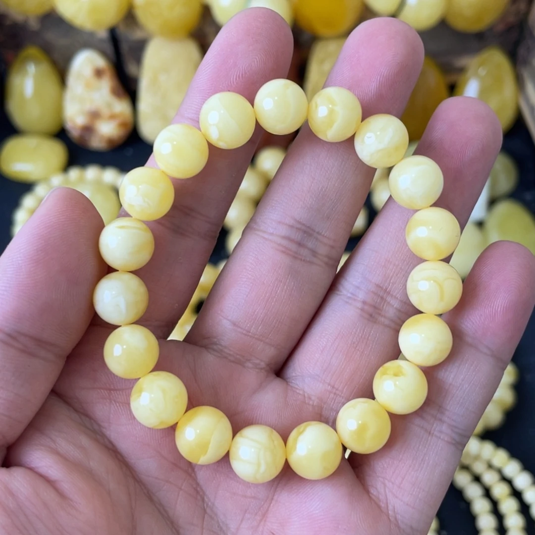琥珀未镶嵌手串10+俄料浓蜡妖白花圆珠手串