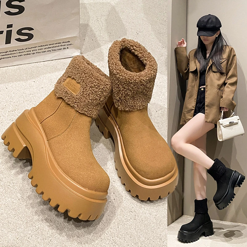 欧货真皮大头厚底松糕翻领两穿马丁靴机车靴短靴雪地棉靴厚底女鞋