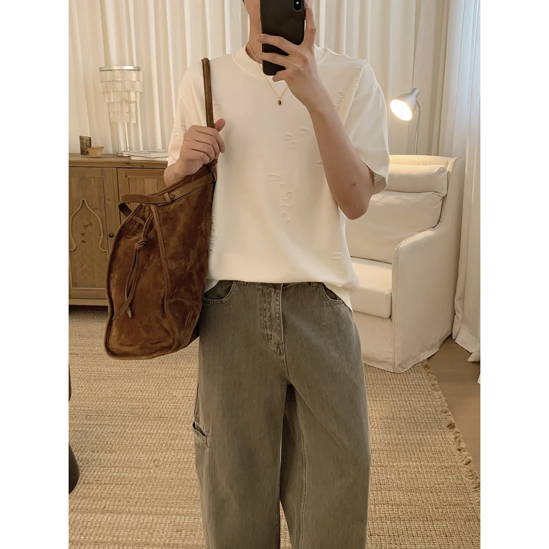 阿茶与阿古白色做旧破洞短袖t恤男夏季潮流宽松休闲上衣A2505120