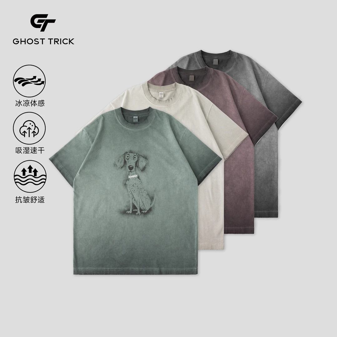 夏季重工水洗擦色卡通宠物印花休闲T桖15992