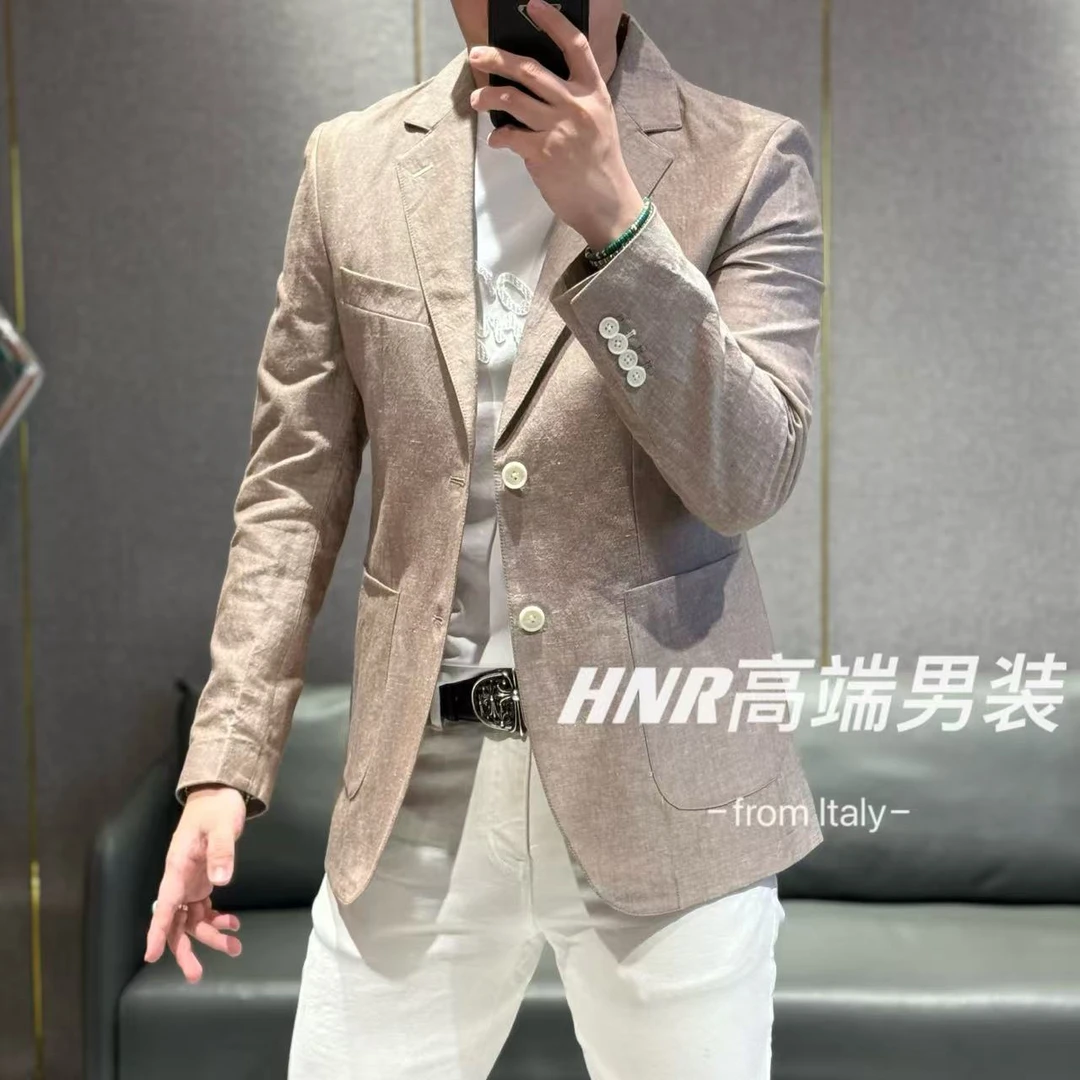 复古老钱风亚麻长绒棉混纺立体修身裁剪手工男士极简小西装061