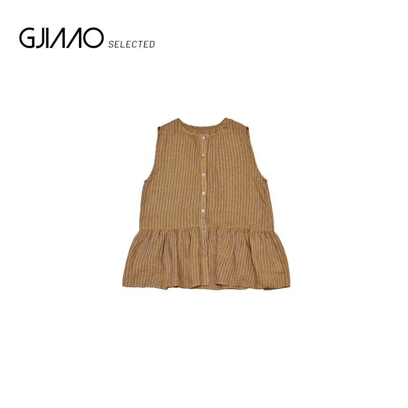 16181 贝壳扣竖条纹捏褶花边无袖麻衫