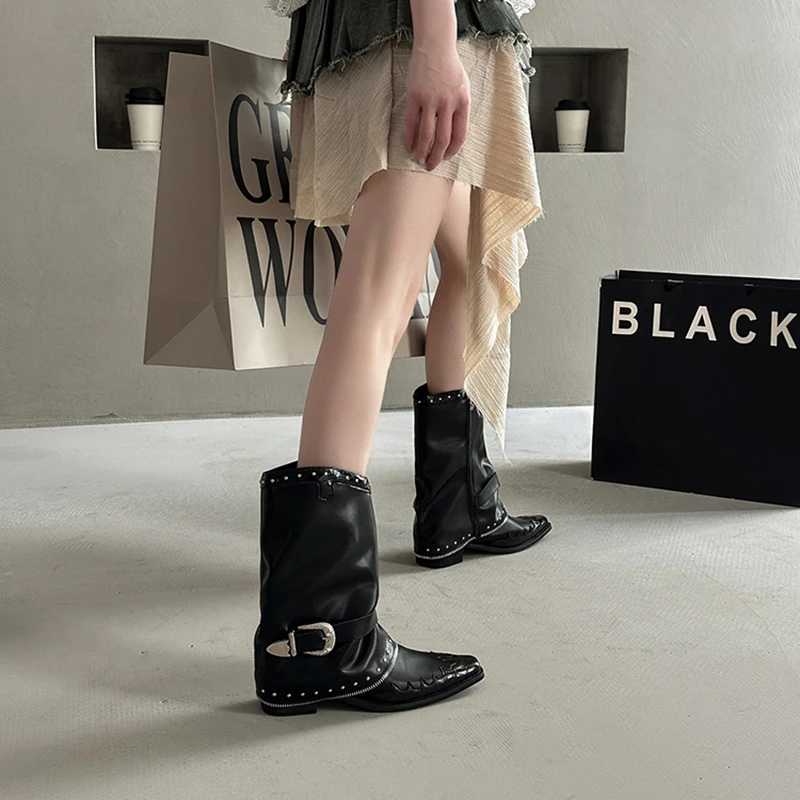 OJRZ朋克靴子女款高级感裤管靴2025夏新款尖头铆钉褶皱高跟粗跟