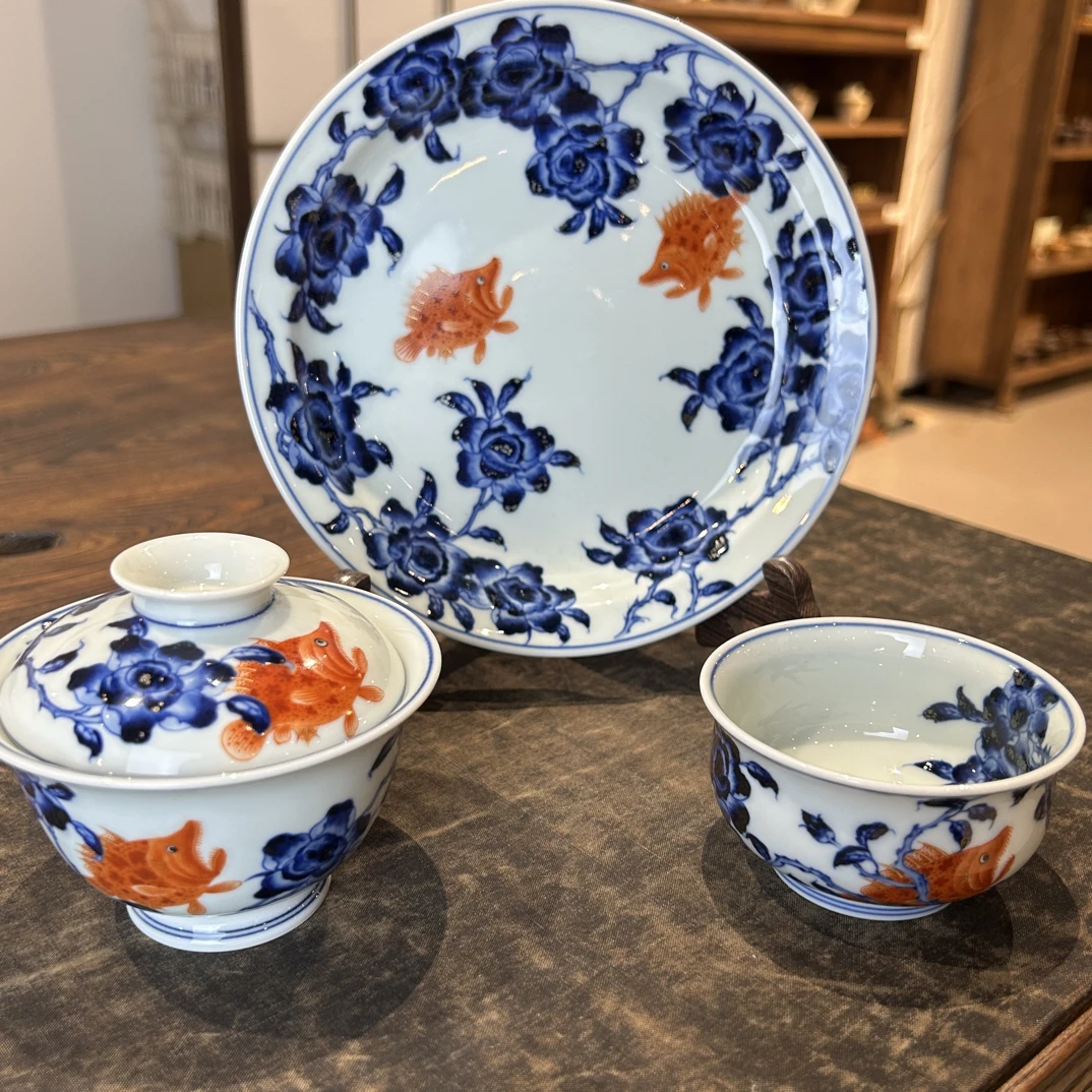 青慧坊窑仿明月季花卉梵红鳜鱼主人杯盖碗壶承