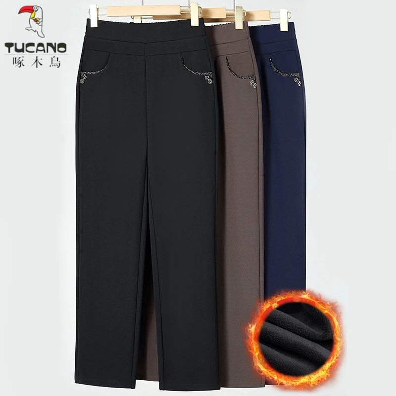 啄木鸟妈妈裤子秋冬加绒保暖长裤宽松婆婆中老年裤春秋高腰直筒裤