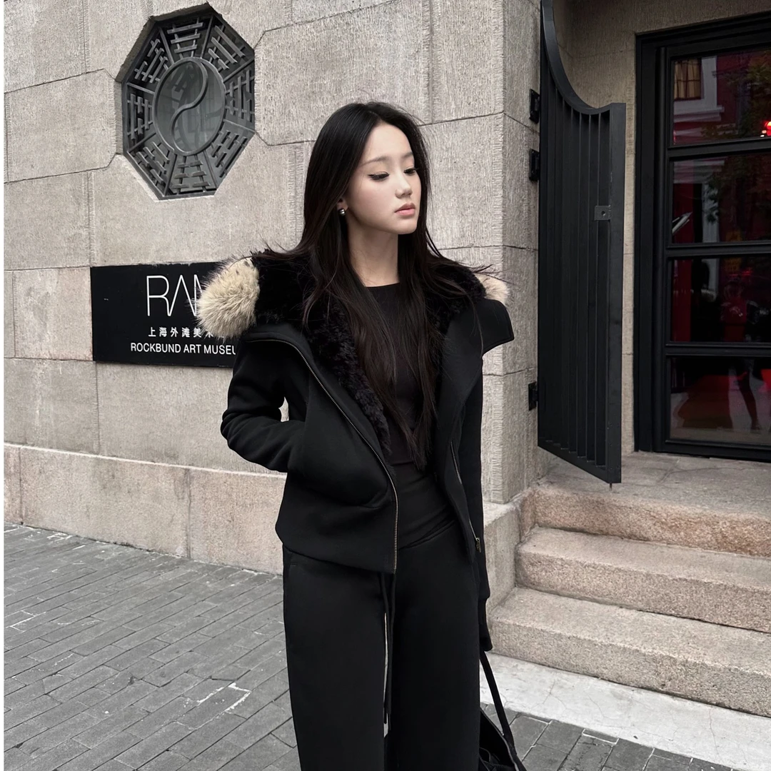 5werkwen DU家"收腰"版 连帽毛领斜门襟毛绒修身加厚外套26-05