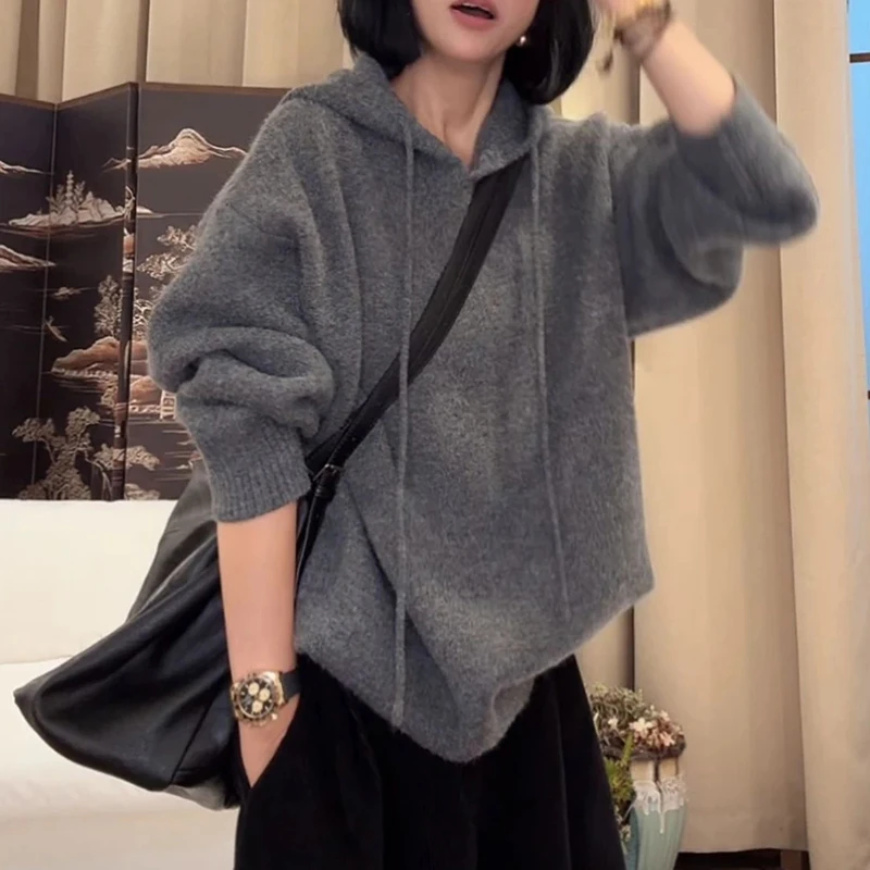 时尚慵懒风连帽毛衣女春季2025新款宽松高级感百搭气质针织衫上衣