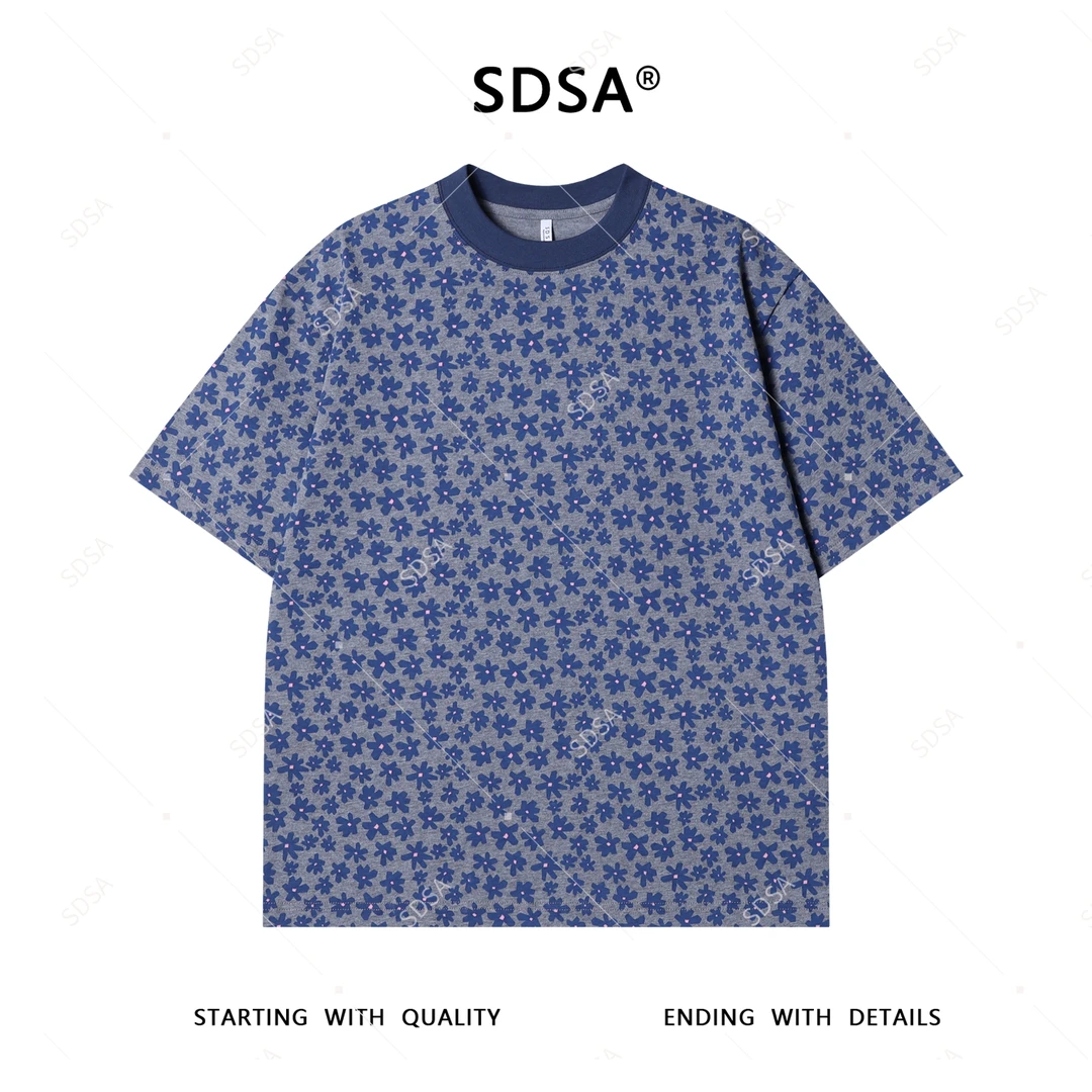 夏季高级感新款男士满印花卉图案短袖T恤休闲风设计百搭圆领上衣