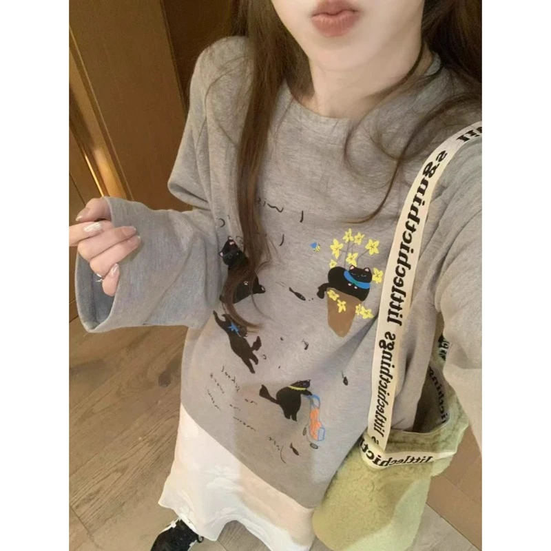 芯娇晴洋气减龄宽松休闲T恤女2025秋季卡通猫咪印花圆领长袖上衣