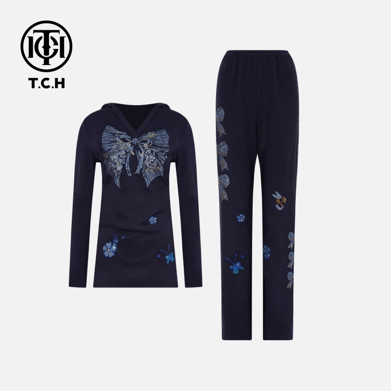 TCH烫钻工艺时尚休闲气质蝴蝶秋款套装女T75C07E1018轻奢tch