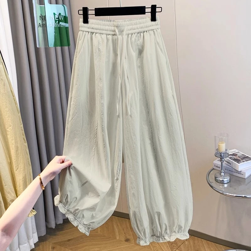 2025夏季新款女士茶白色速干灯笼裤松紧腰抽绳直筒花苞裤九分裤潮