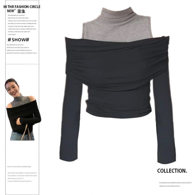 大码胖MM韩系撞色露肩长袖针织衫女秋冬新款修身设计感打底衫上衣