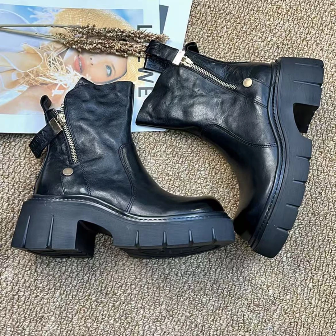 马丁靴女英伦风短靴2025秋季新款手抓纹厚底增高显瘦单靴