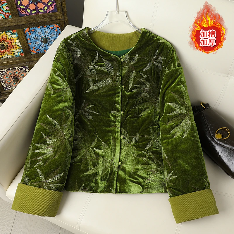 新中式国风复古棉衣外套女冬季新款时尚洋气加棉保暖丝绒拼接棉服