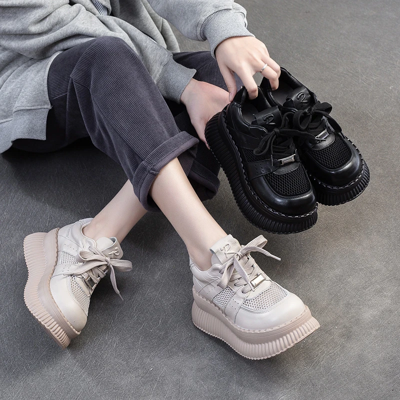 头层牛皮2025春季新款厚底增高透气网面单鞋前系带轻底英伦风女鞋