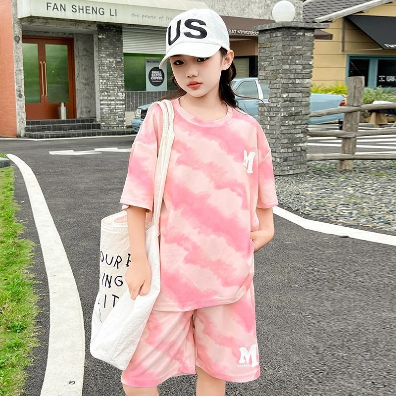 女童中大童圆领短袖休闲套装时髦帅气扎染撞色粉色字母儿童两件套