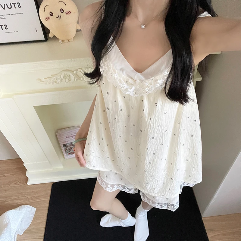 甜美碎花带胸垫一体蕾丝花边睡衣女夏季云朵棉性感吊带家居服套装
