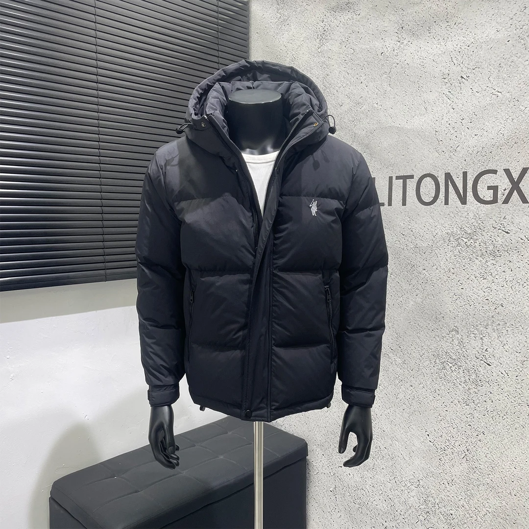 K先生男装店 轻奢高端连帽羽绒服男士冬季保暖黑色短款白鸭绒外套