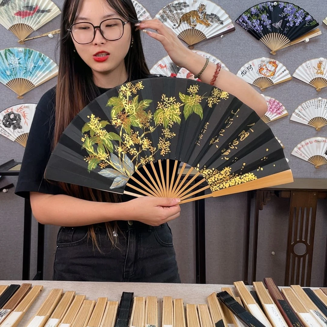 国画10寸玉竹-纯手绘-文玩扇骨（默认粘好）