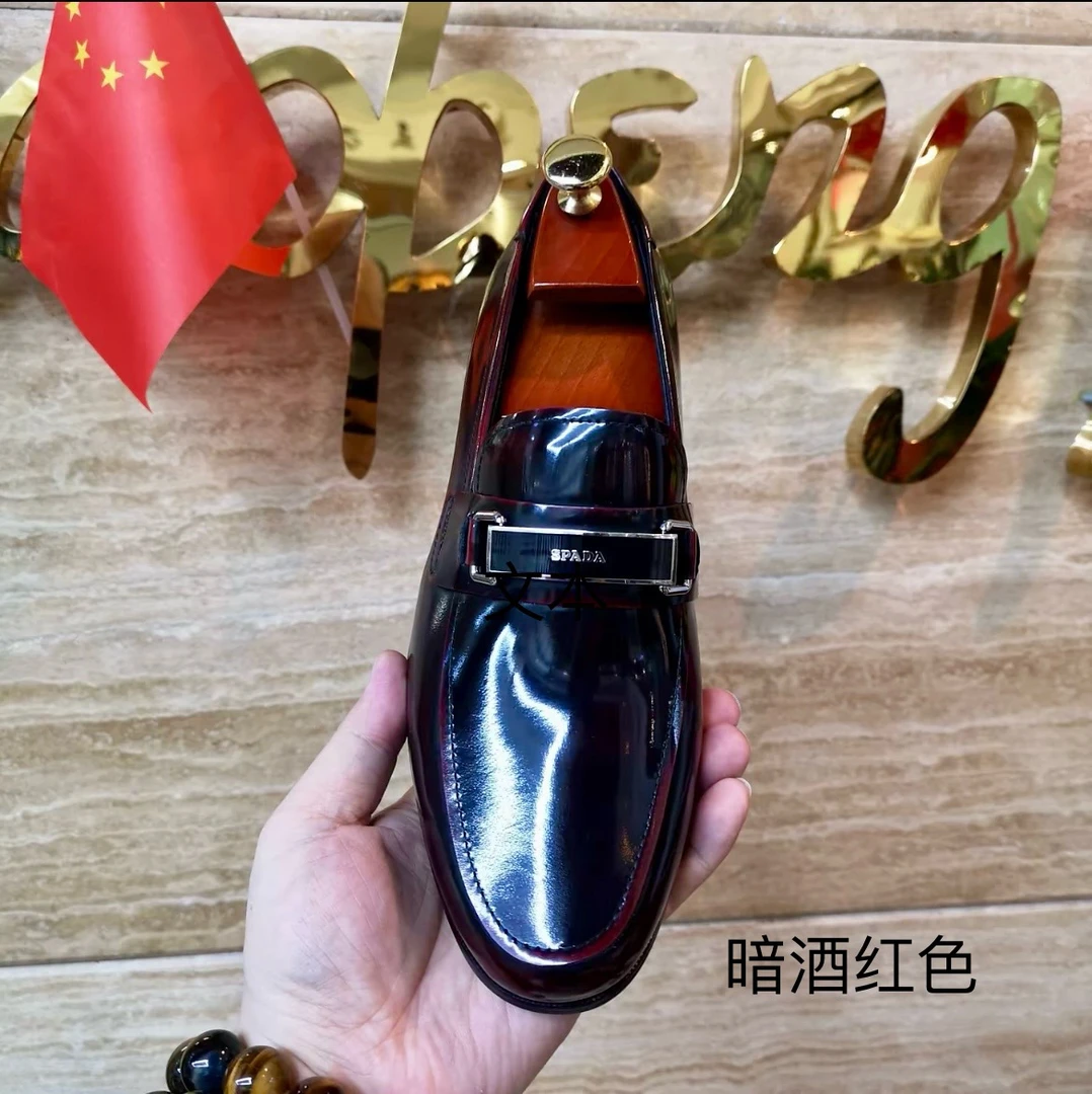 35码起时尚酒红色小方头百搭单鞋时尚套脚英伦真皮轻奢皮鞋休闲鞋