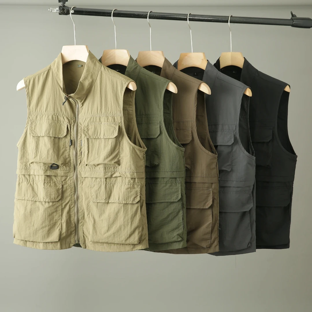 本布下摆薄款透气多口袋秋季马甲春秋背心宽松型常规纯色男士