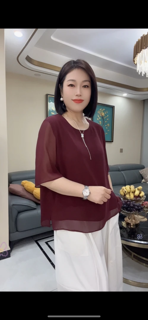 夏季爆款圆领时尚百搭珍珠纱短袖上衣