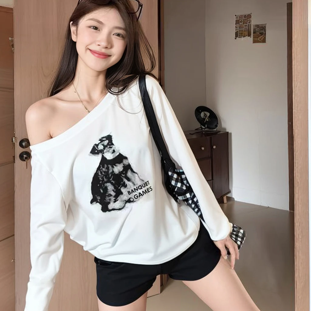1191-美式慵懒辣妹小狗印花斜肩长袖T恤女秋季新款松弛感休闲露肩