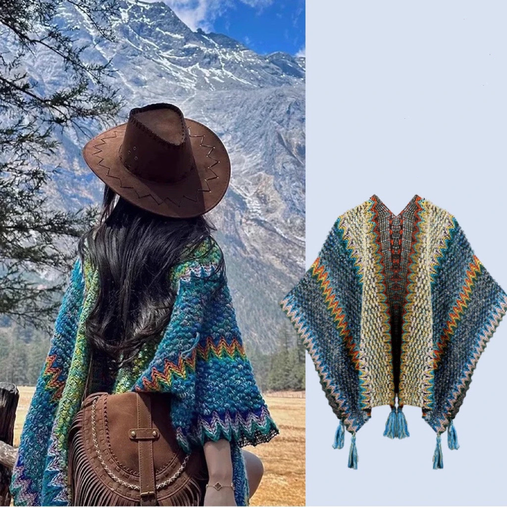 云南民族风旅游度假风流苏彩色针织外套女春秋时尚百搭披肩女款