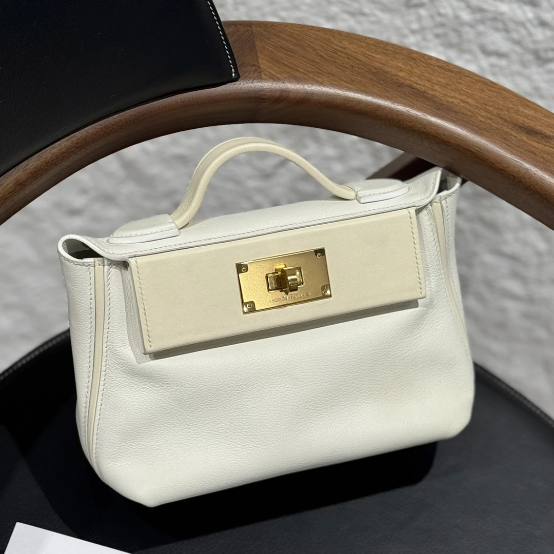 99新 Hermes/爱马仕 贝贝/爱马仕mini2424 纯白拼奶油白金扣 u刻