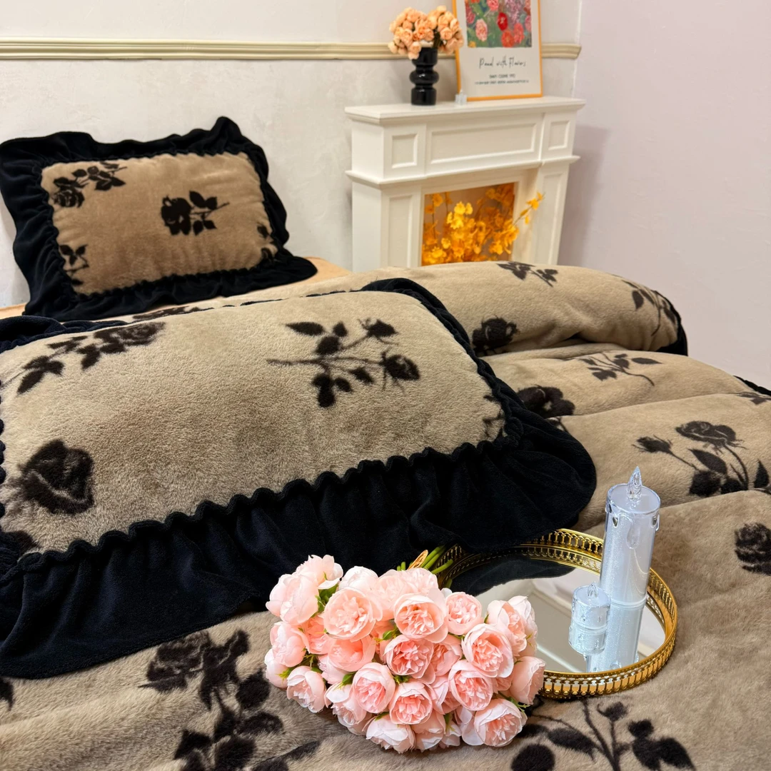 【如伊 】新款高克重加厚玫瑰法式牛奶绒兔兔绒床单款四件套