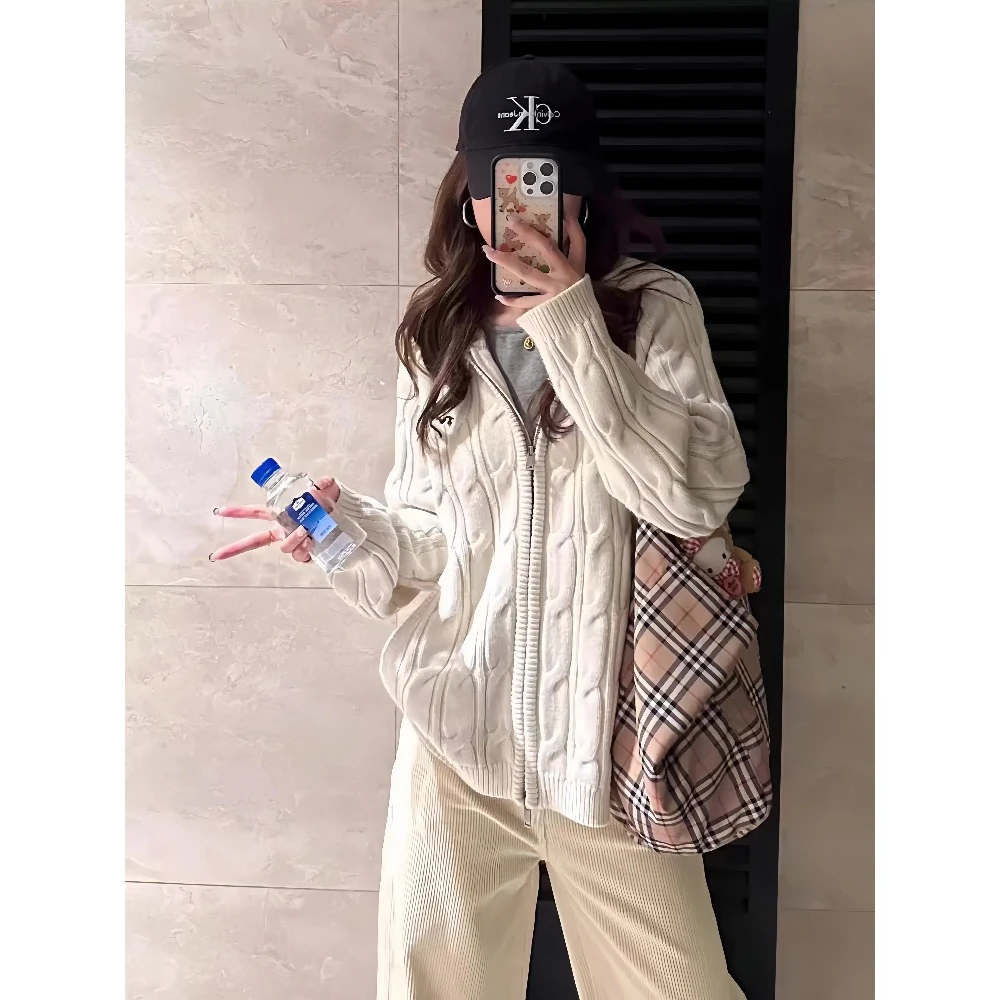 美式复古连帽针织开衫女早春季双拉链麻花毛衣外套慵懒学院风上衣