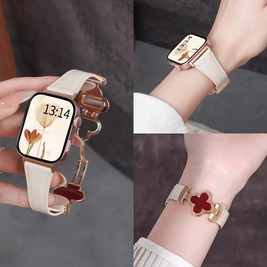 适用华为watchfit4/3手表真皮磁吸表带fit4pro四叶花扣女智能手环