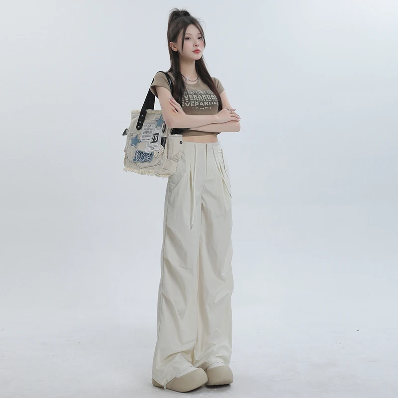 2025夏季新款点赞#奶杏高腰直筒束脚工装裤女夏季美式宽松运动裤