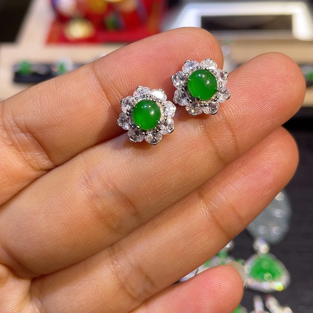 翡翠银S925镶嵌耳钉