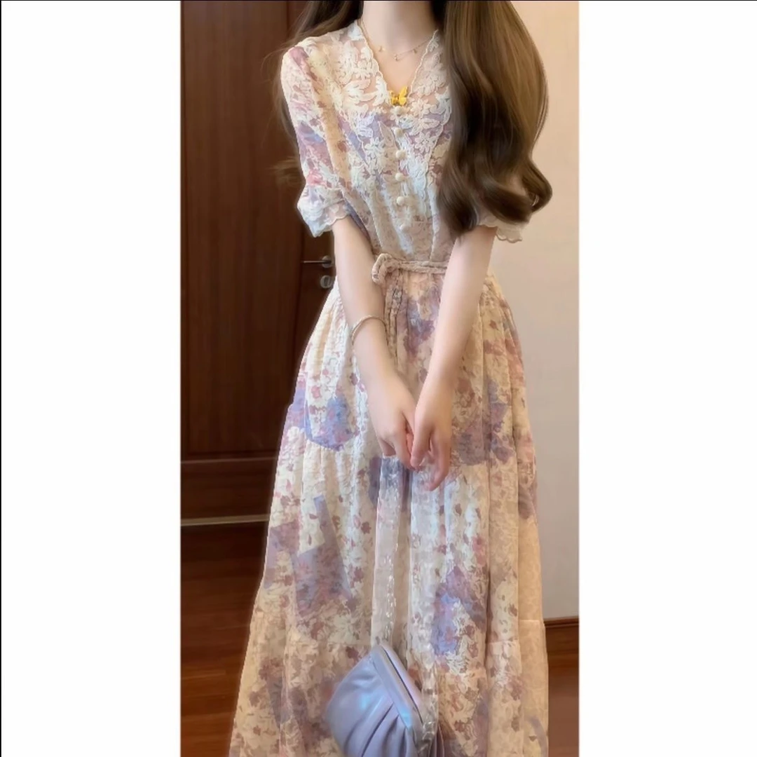 法式浪漫彩色提花蕾丝拼接V领连衣裙收腰抽绳气质长裙氛围感女装