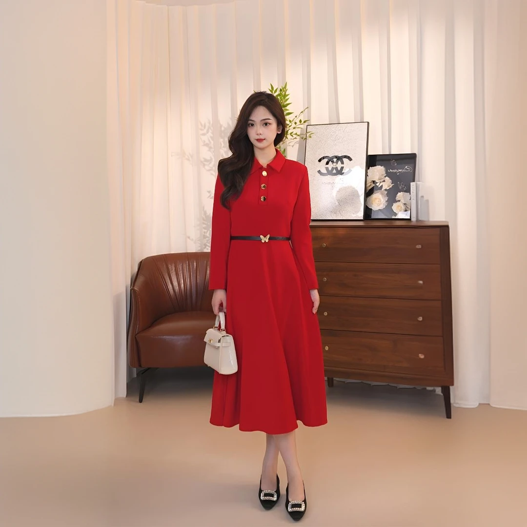 H119【朗】复古赫本风高智气质长袖a字裙春季新款收腰修身连衣裙